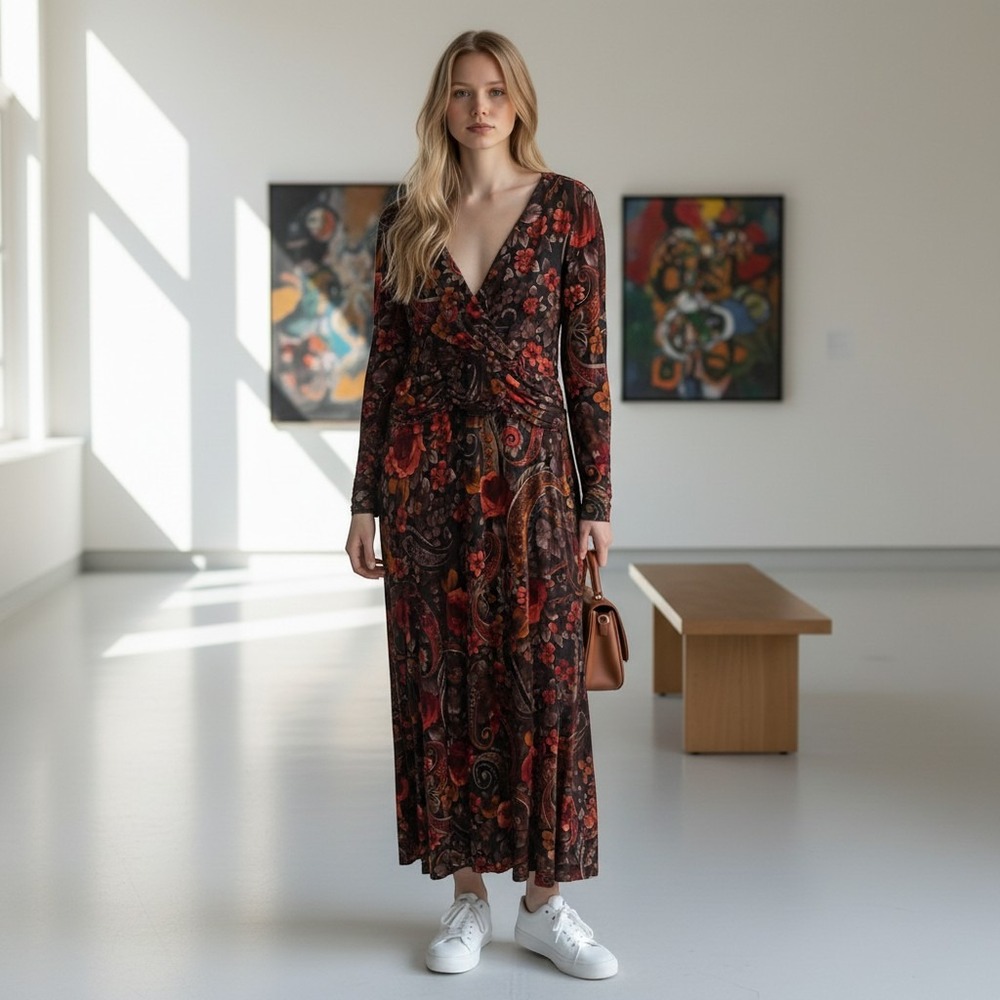 Coldwater Creek Paisley Floral Maxi Dress Brown Red Long Sleeve V-Neck Size 16